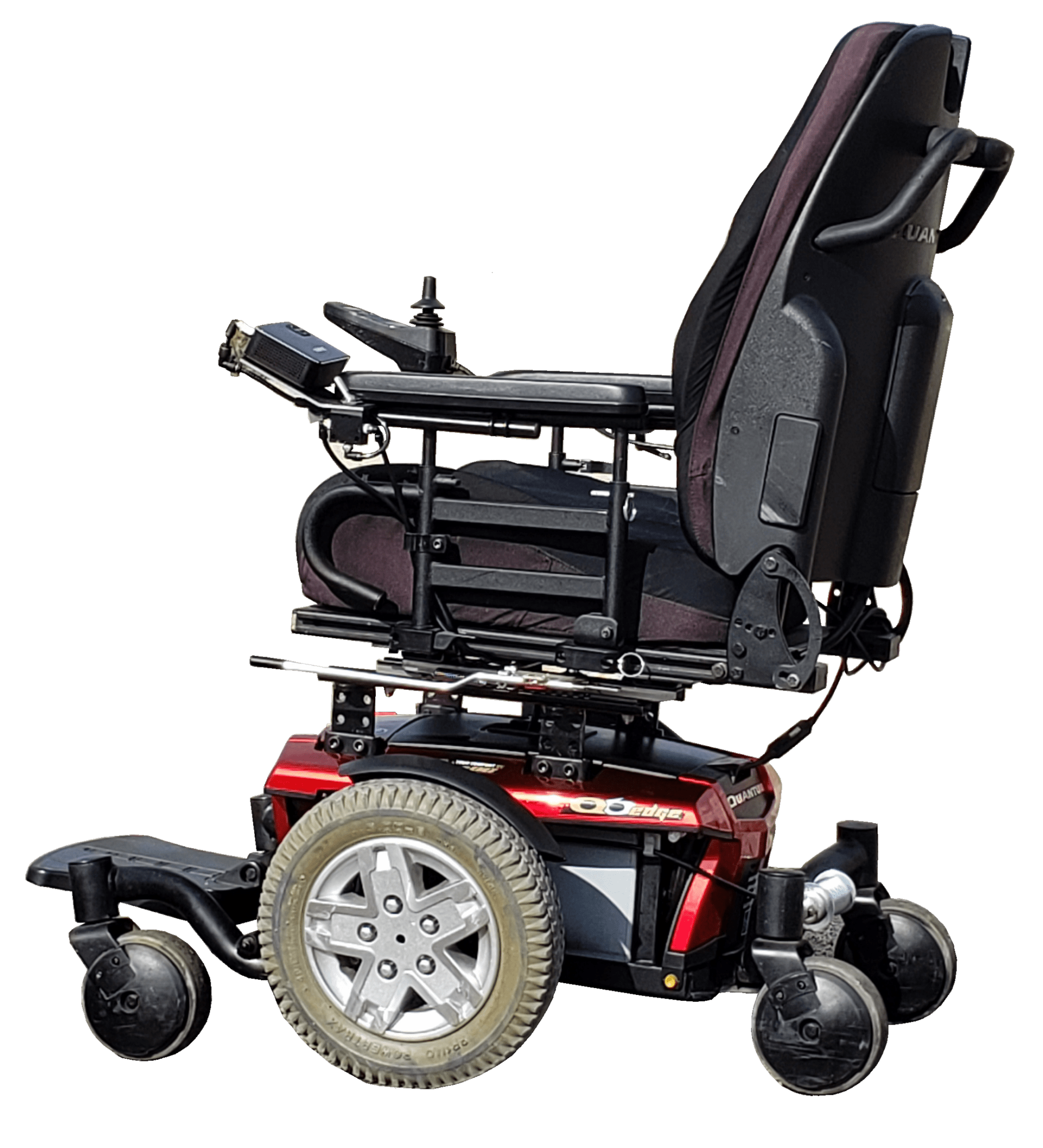 A modern powered wheelchair with adjustable armrests and sturdy wheels.
