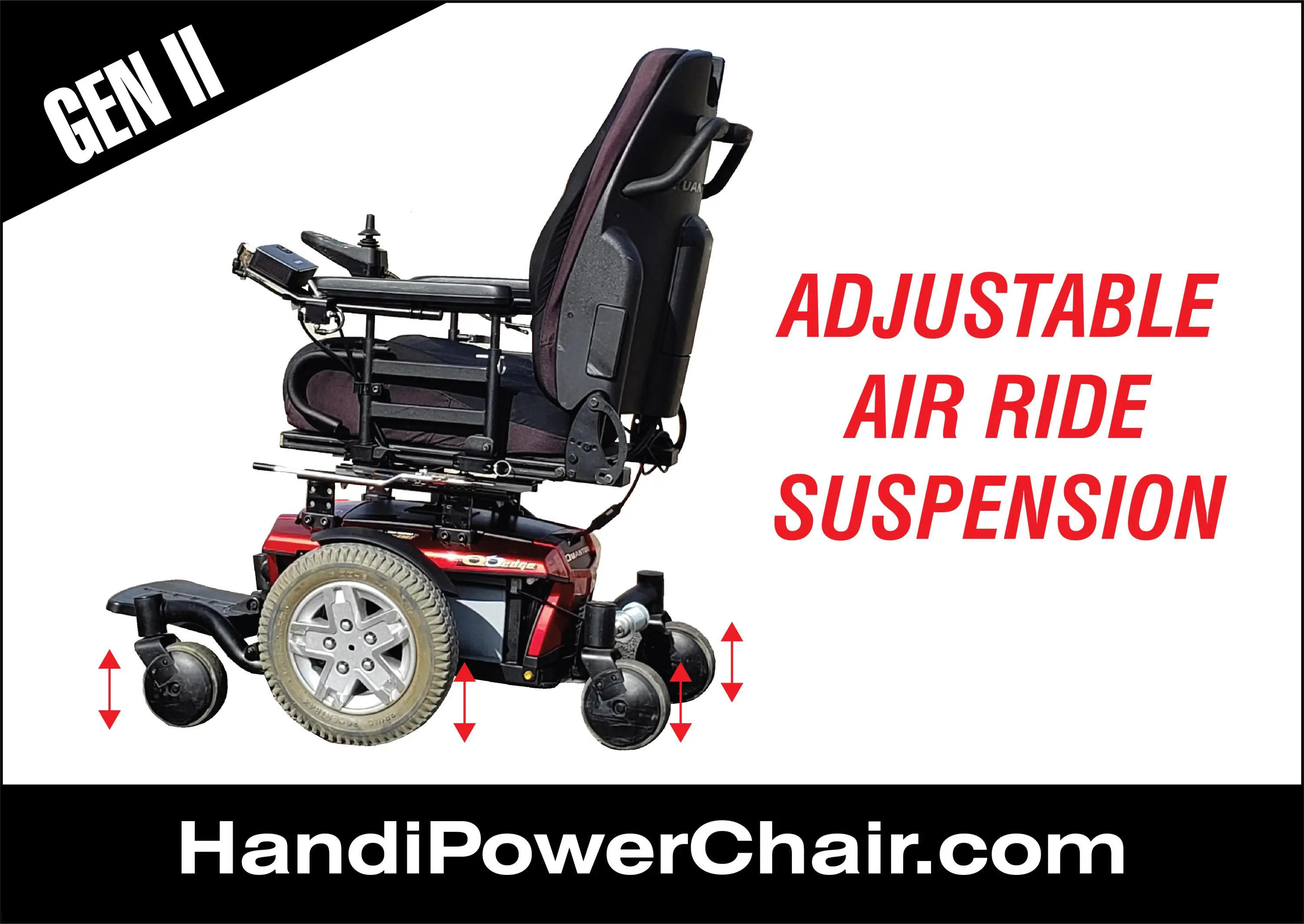 Electric wheelchair with adjustable air ride suspension for enhanced comfort.